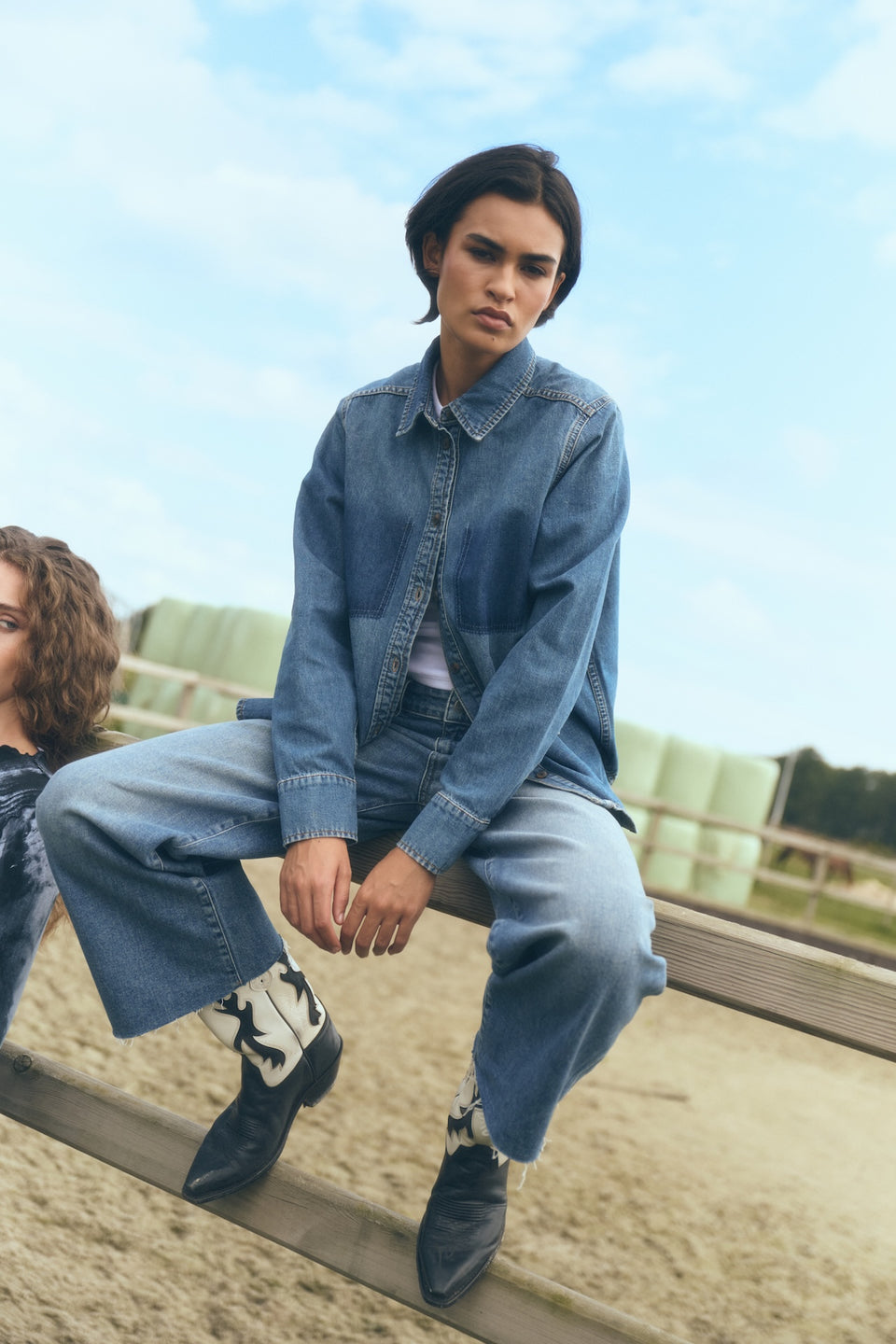 Western repair denim shirt | Flu Blue