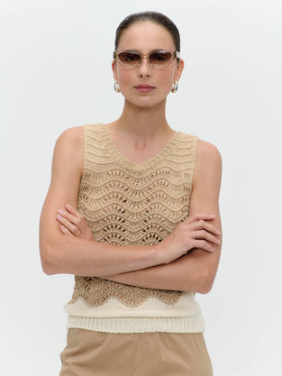 Openwork two-tone knit top 9061 | Beige Gold
