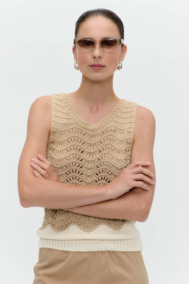 Openwork two-tone knit top 9061 | Beige Gold