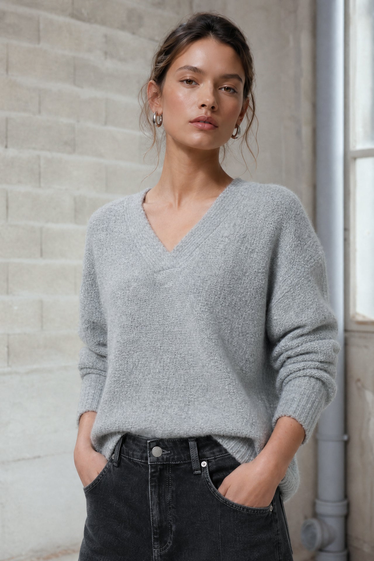 V-neck melange pullover 26553 | Grey