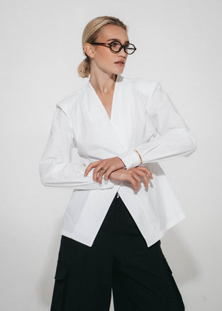 Asymmetric wrap poplin blouse | White