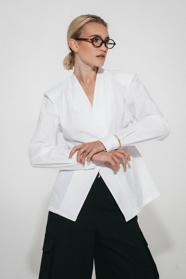 Asymmetric wrap poplin blouse | White