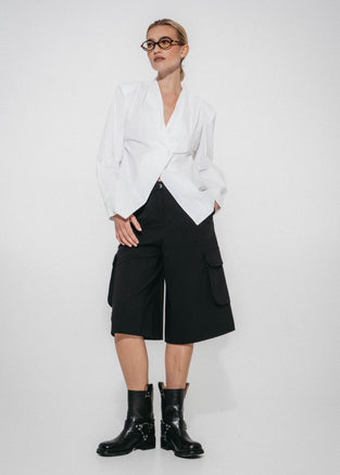 Asymmetric wrap poplin blouse | White