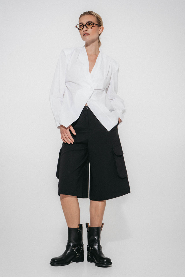 Asymmetric wrap poplin blouse | White