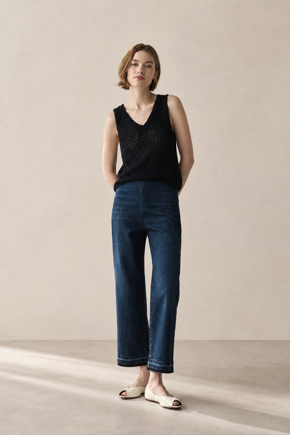 Openwork knit with sequins top 90841 | Blue Melange