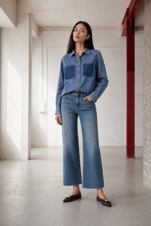 Western repair denim shirt | Flu Blue