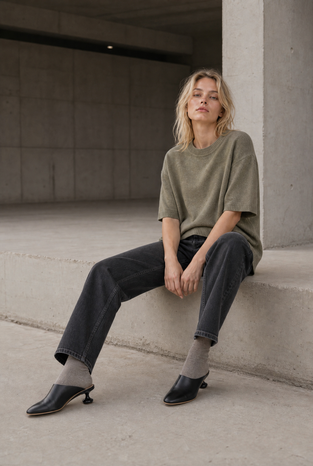 Rora plain knit long top | Green Melange