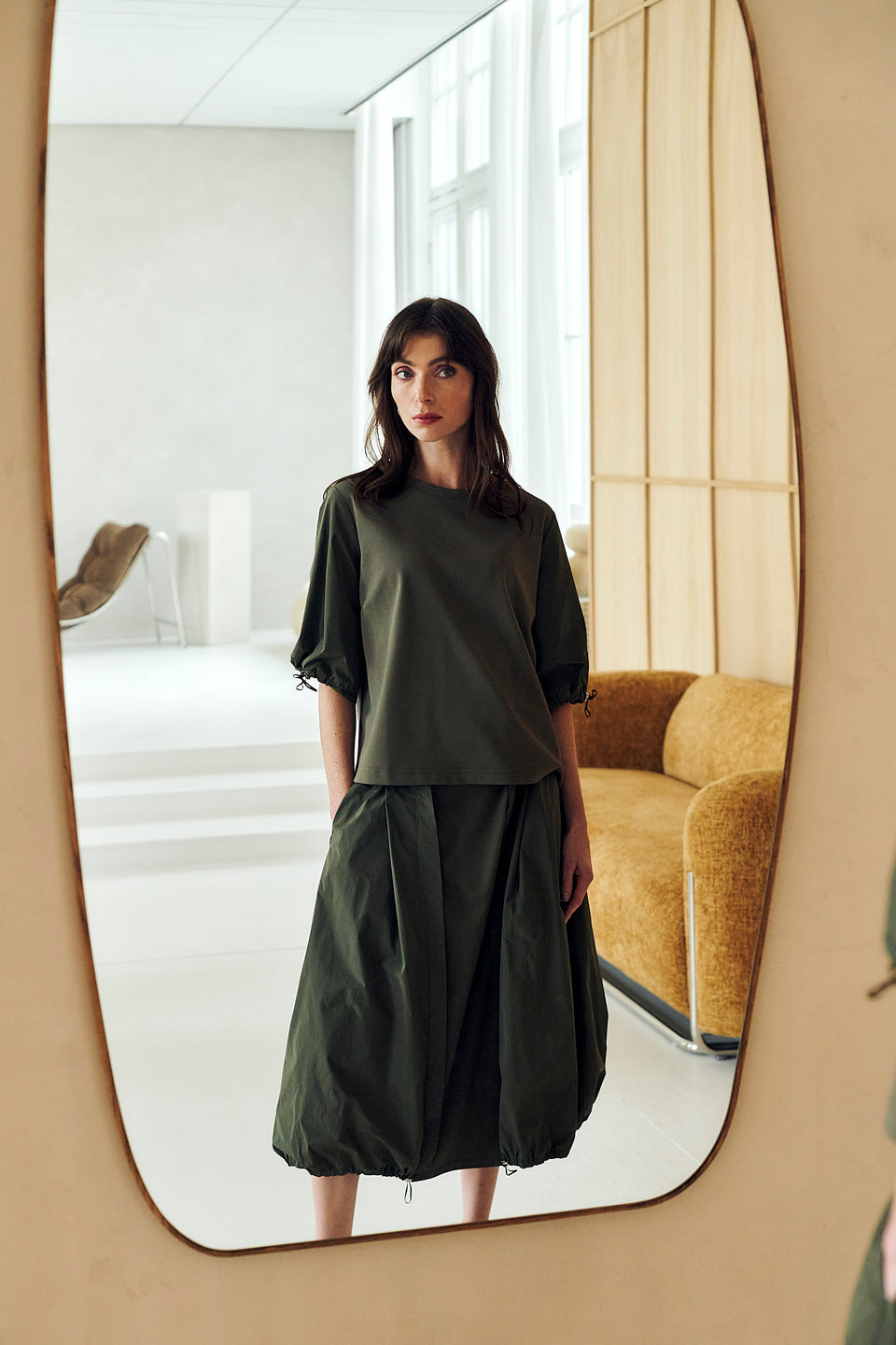 Pamela jersey/taffeta mix blouse | Army