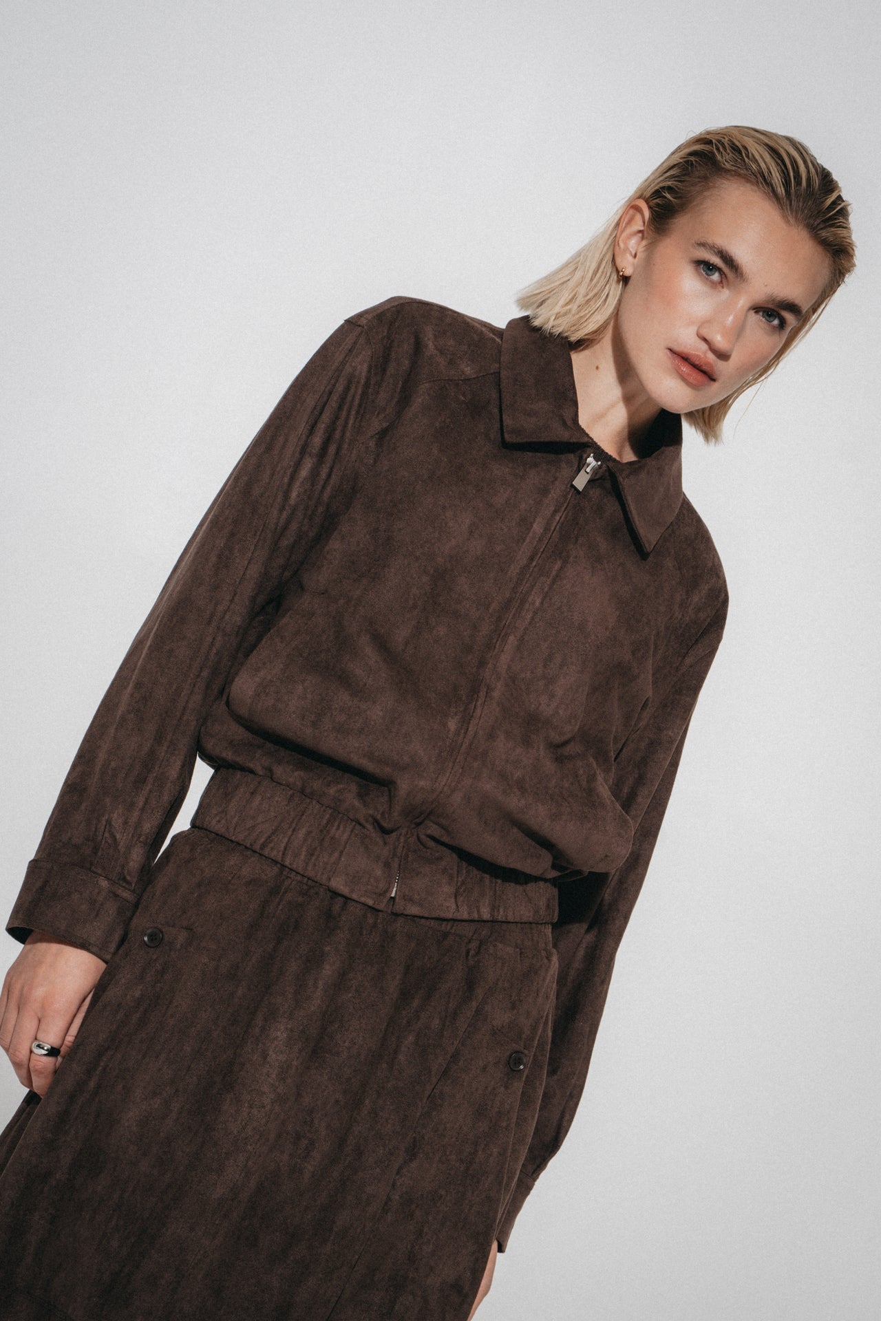Pia suede effect bomber jacket | Dark Brown