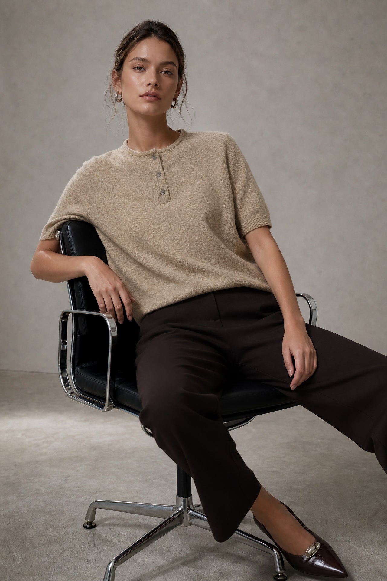Moon plain knit top | Beige Melange