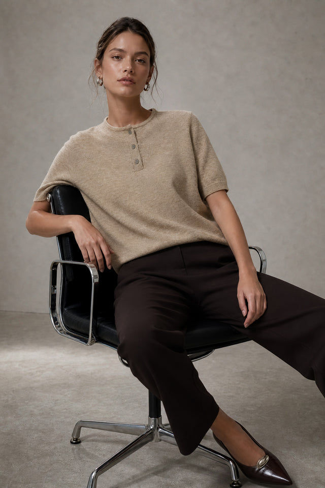 Moon plain knit top | Beige Melange