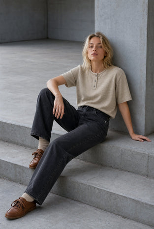 Moon plain knit top | Green Melange
