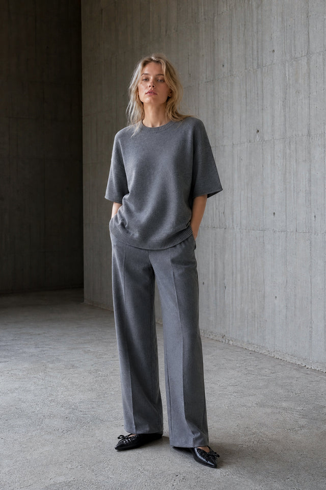 Rora plain knit long top | Grey Melange