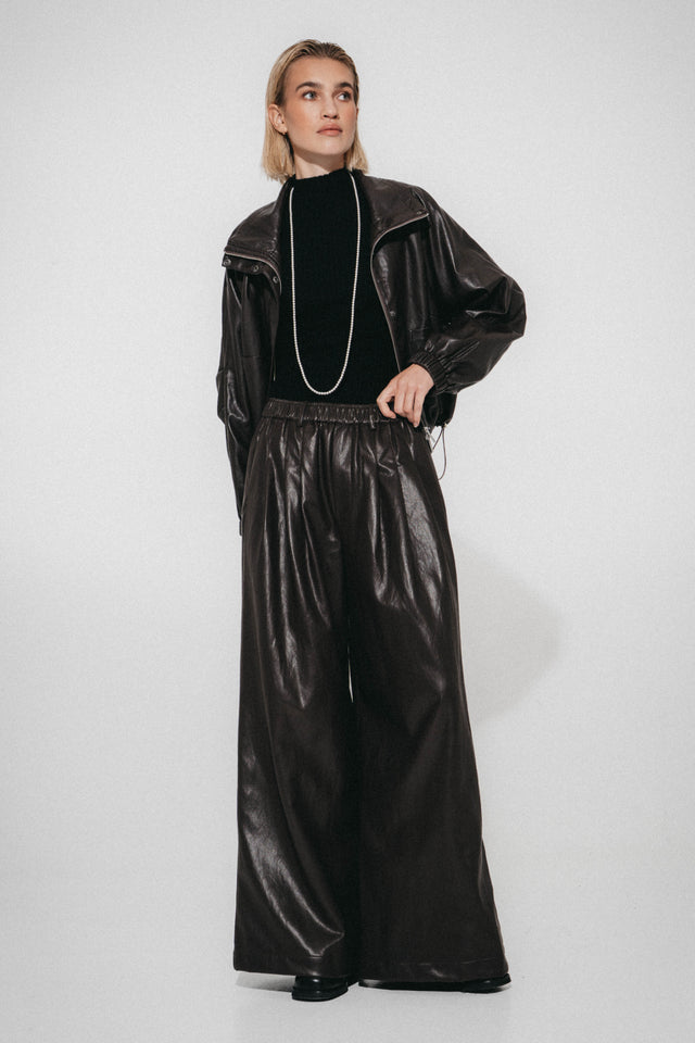 Sienna eco leather wide-leg pants | Dark Brown