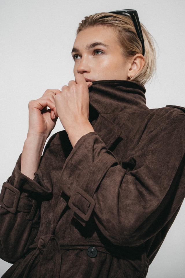 Terra suede effect trench coat | Dark Brown