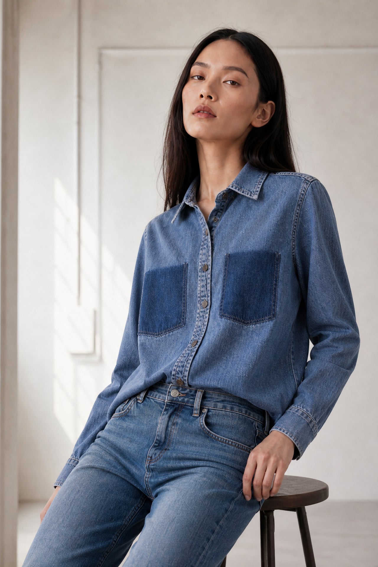 Western repair denim shirt | Flu Blue