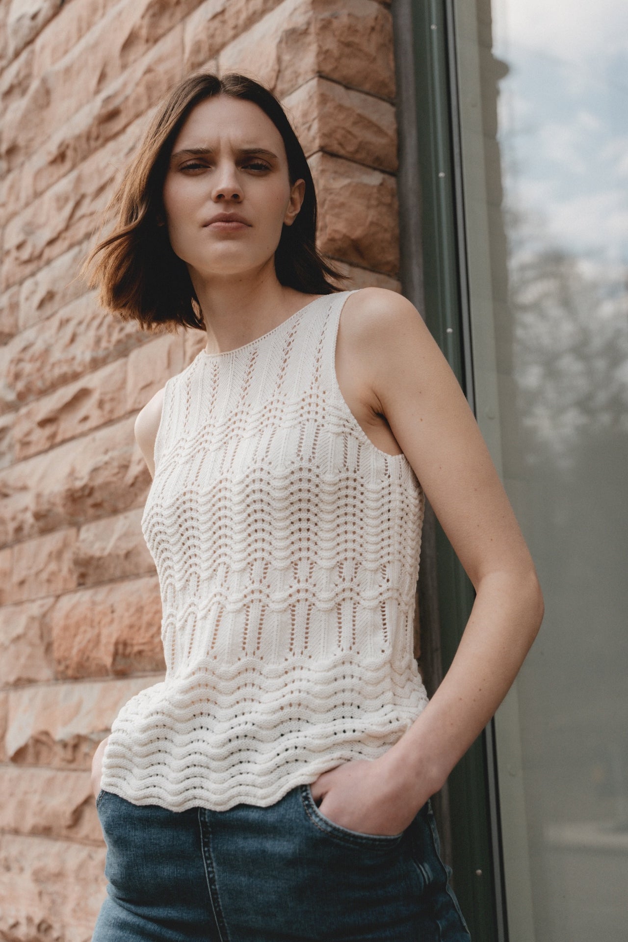 Openwork knit Vest E24082 | Ecru