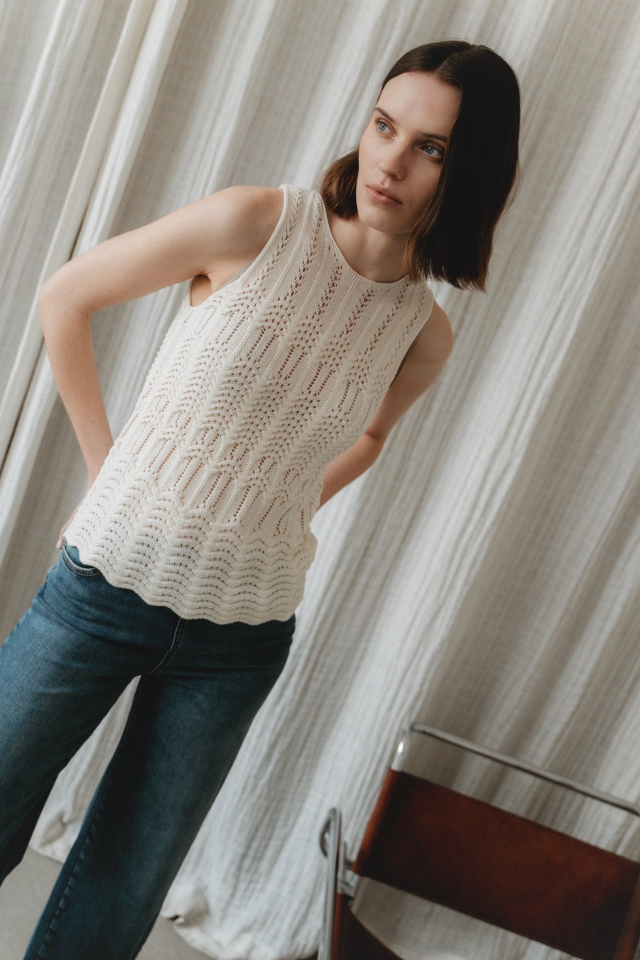 Openwork knit Vest E24082 | Ecru